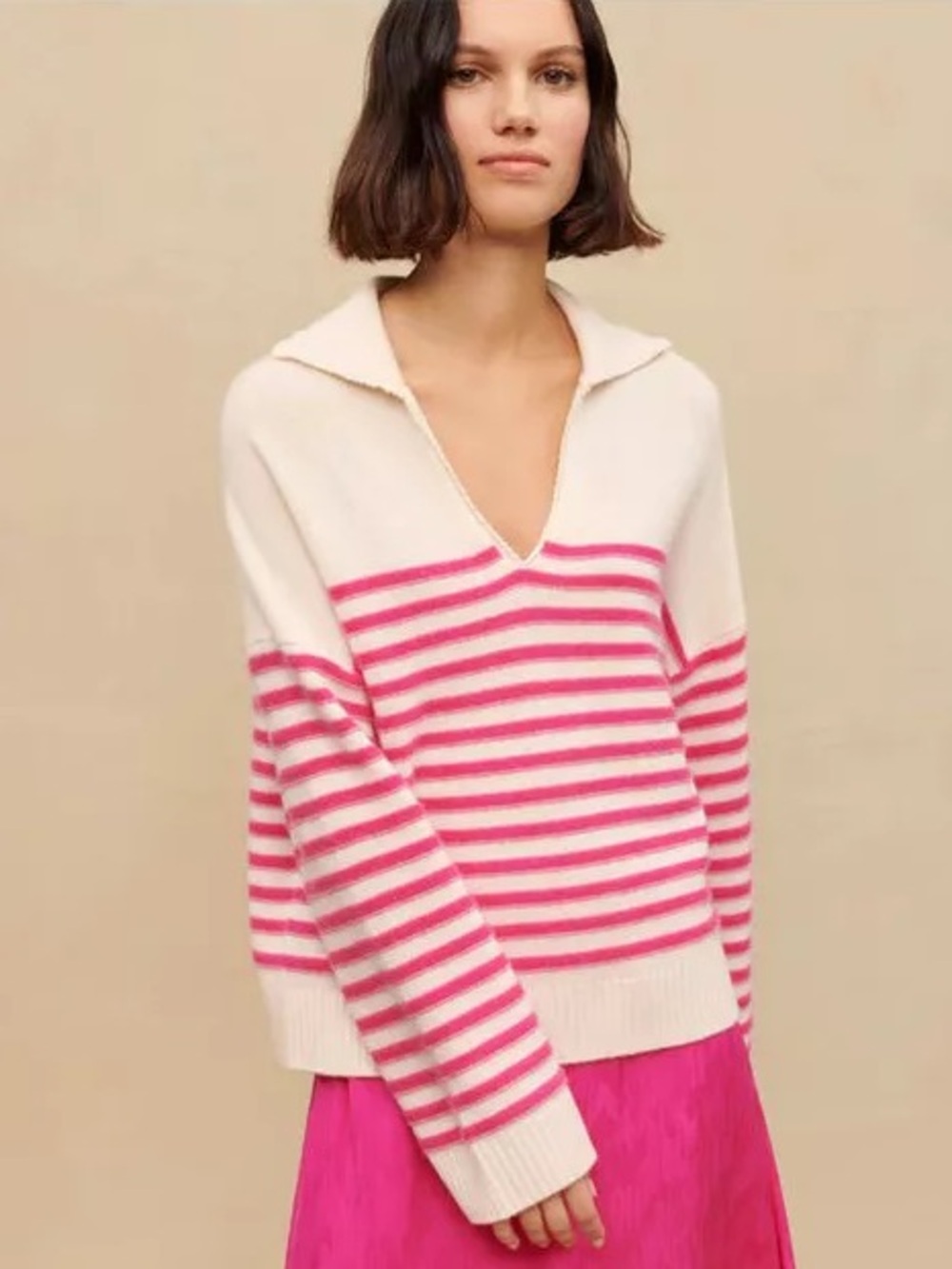 Maje Size M Pink + White Ecru Striped Breton Cashmere Sweater Oversized